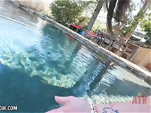 splendid dark-haired rubs herself by the pool